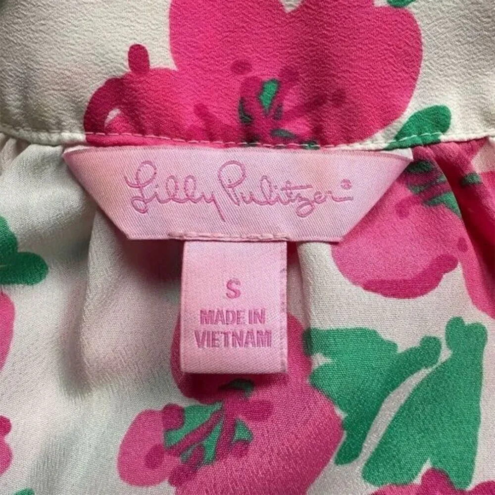 Lilly‎ Pulitzer Alima Women's Pink Floral and Trees V-Neck Blouse Size S - Picture 7 of 10
